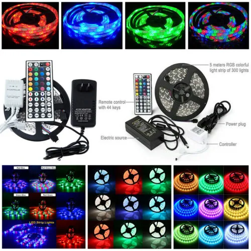 5M RGB 3528 5050 Waterproof LED Strip Light SMD 44 IR Remote 12V Power Full Kit