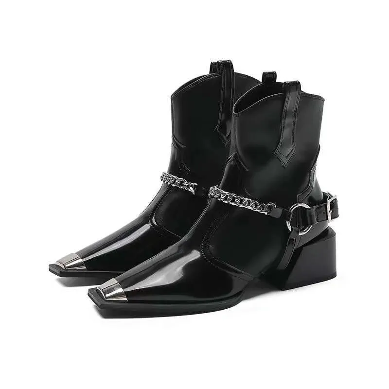 Autumn And Winter New Square Head Chunky Mid-Heel Metal Chain Short Tube Women's Knight Boots Kq8