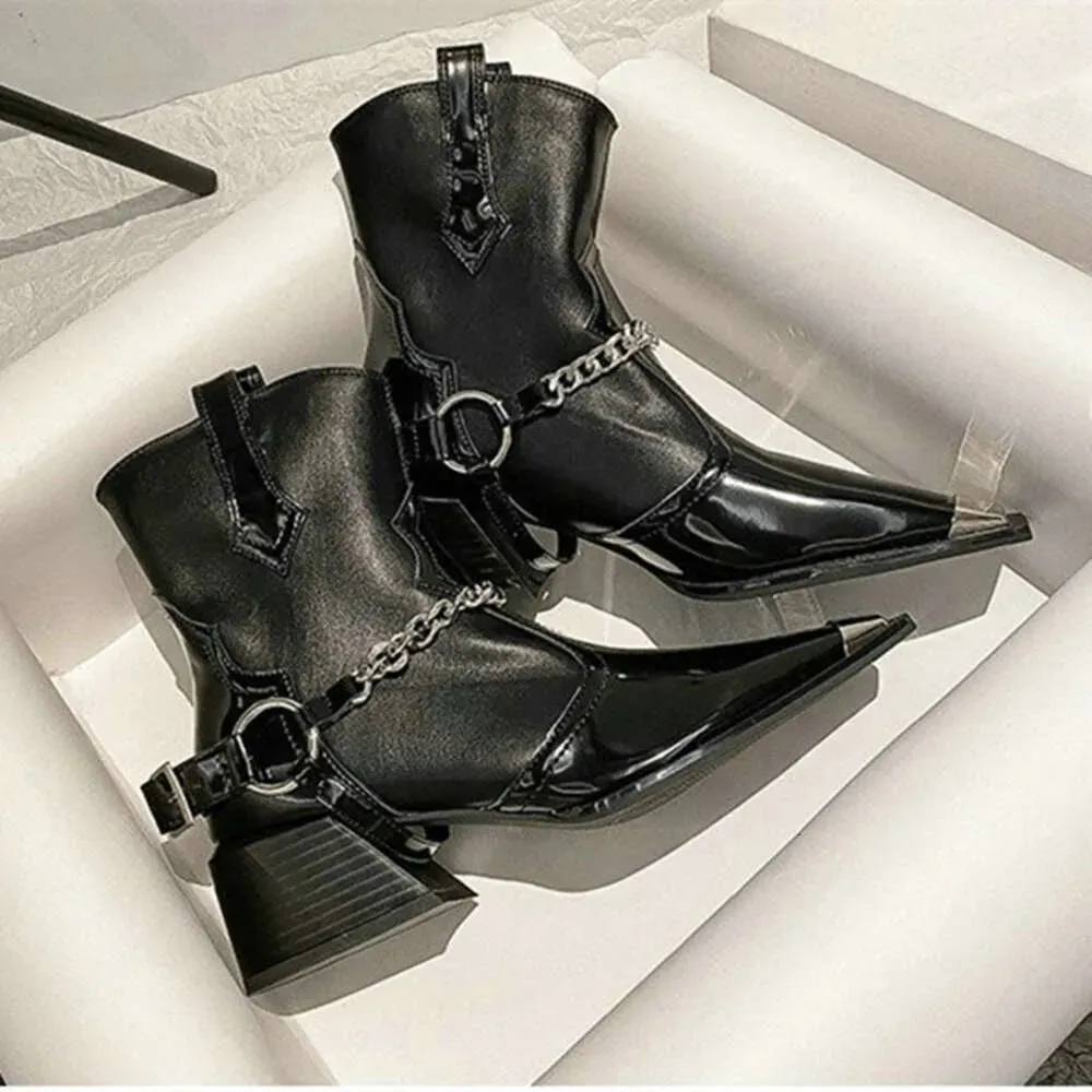 Autumn And Winter New Square Head Chunky Mid-Heel Metal Chain Short Tube Women's Knight Boots Kq8