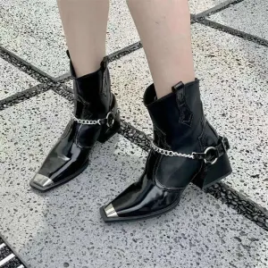 Autumn And Winter New Square Head Chunky Mid-Heel Metal Chain Short Tube Women's Knight Boots Kq8