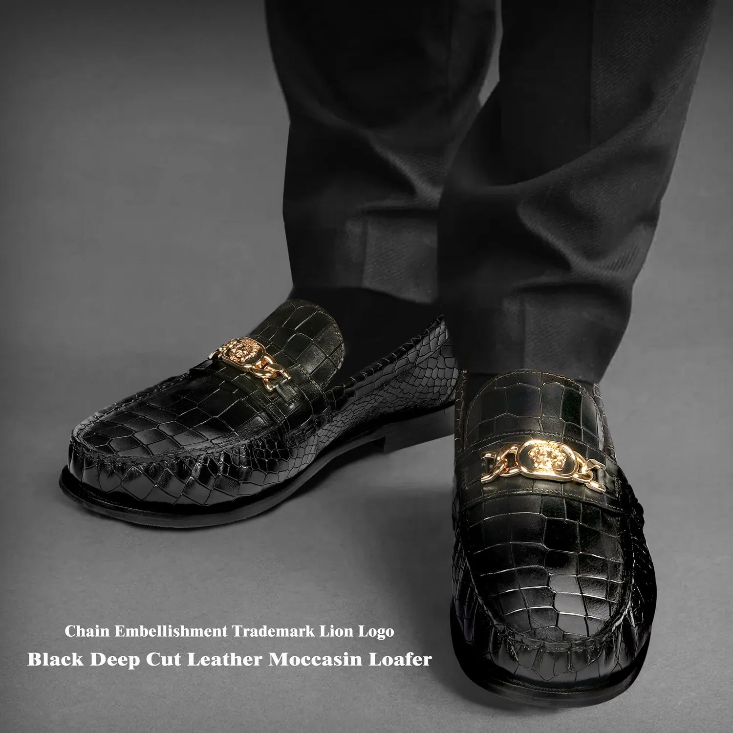Black Deep Cut Croco Moccasin Loafer with Chain Embellishment Trademark Lion Logo