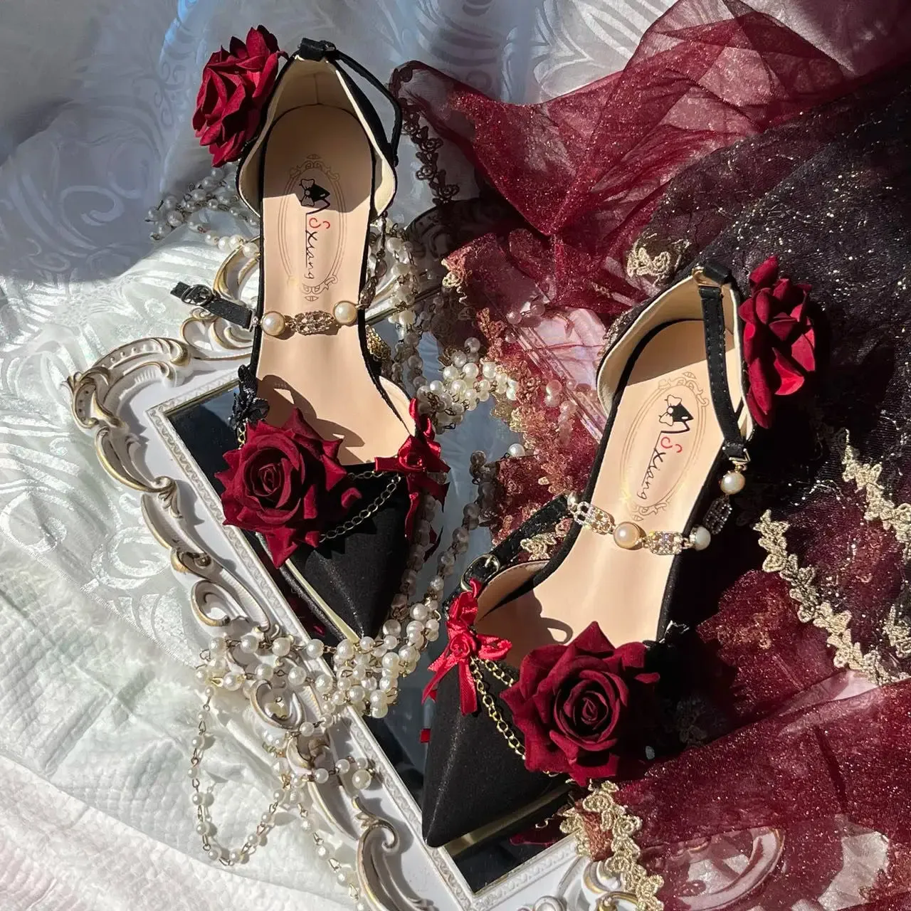 Black Red High Heels Rose Pointed Toe Shoes