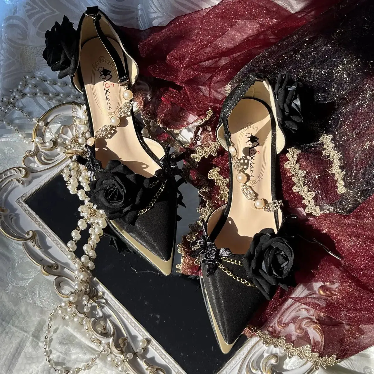 Black Red High Heels Rose Pointed Toe Shoes