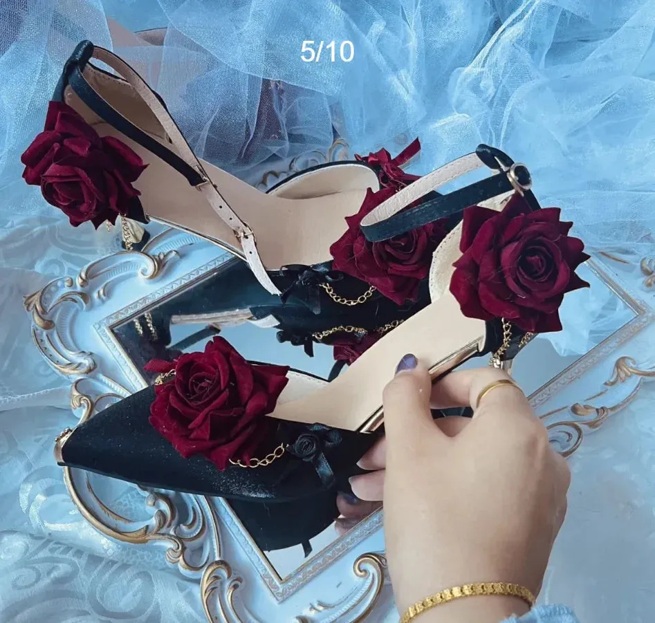 Black Red High Heels Rose Pointed Toe Shoes