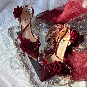 Black Red High Heels Rose Pointed Toe Shoes