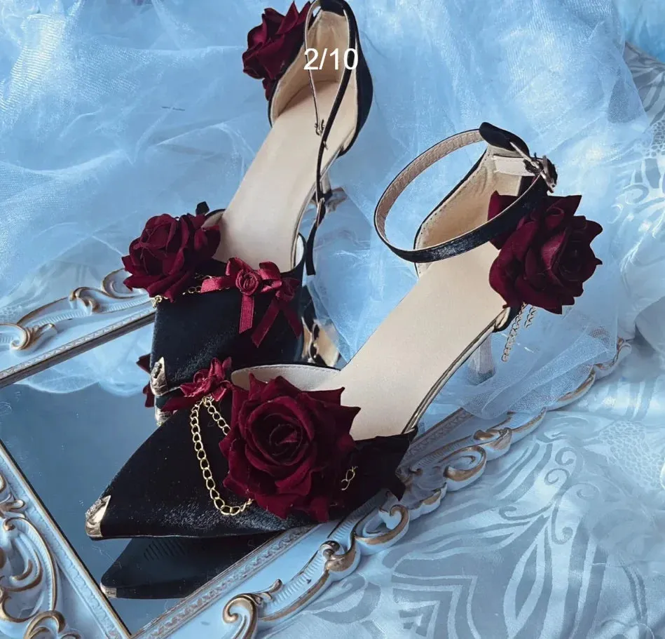 Black Red High Heels Rose Pointed Toe Shoes