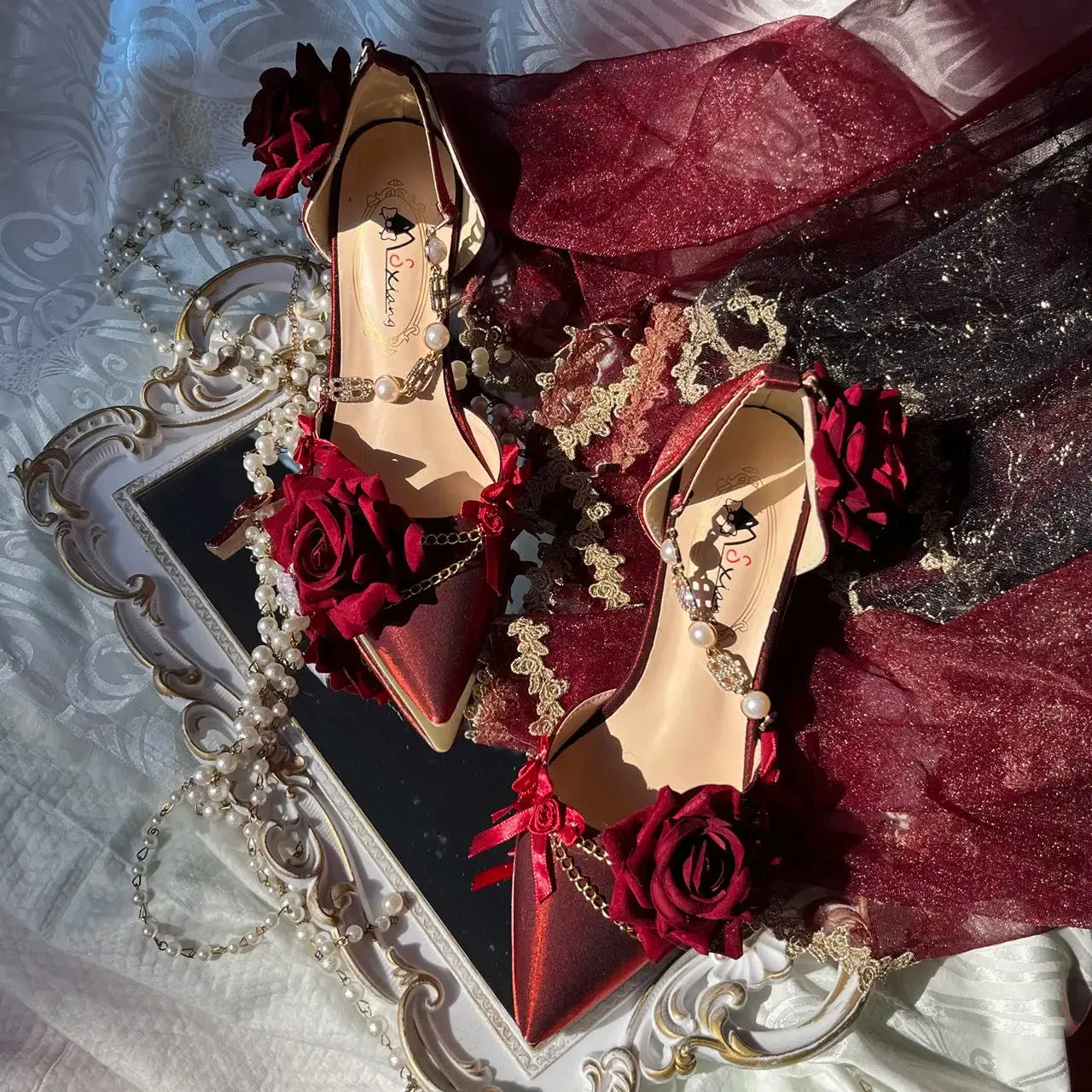 Black Red High Heels Rose Pointed Toe Shoes