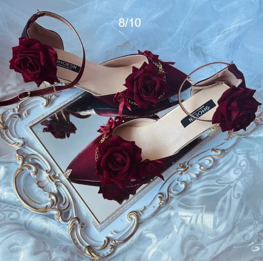 Black Red High Heels Rose Pointed Toe Shoes