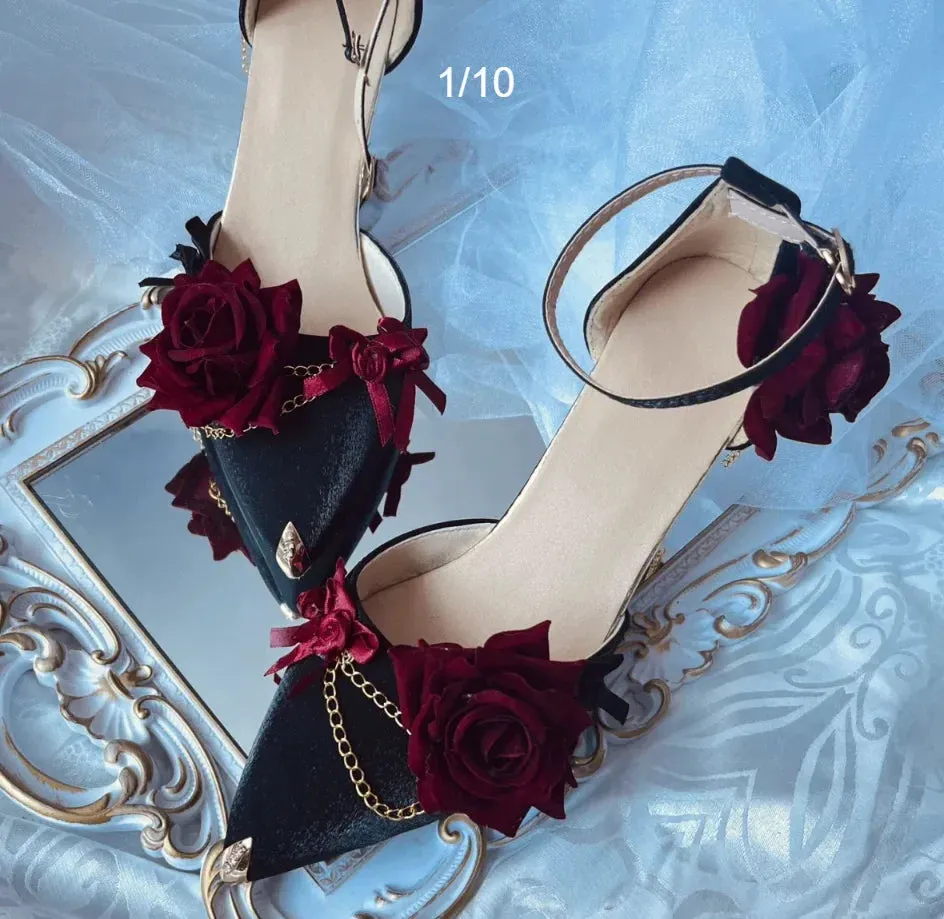 Black Red High Heels Rose Pointed Toe Shoes