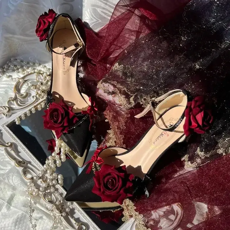 Black Red High Heels Rose Pointed Toe Shoes