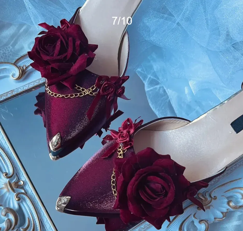 Black Red High Heels Rose Pointed Toe Shoes