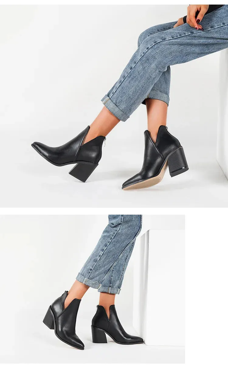 Boots Women Ankle Leopard Mid Heel Shoes Female Slip-On Casual Black Square Heel Booties