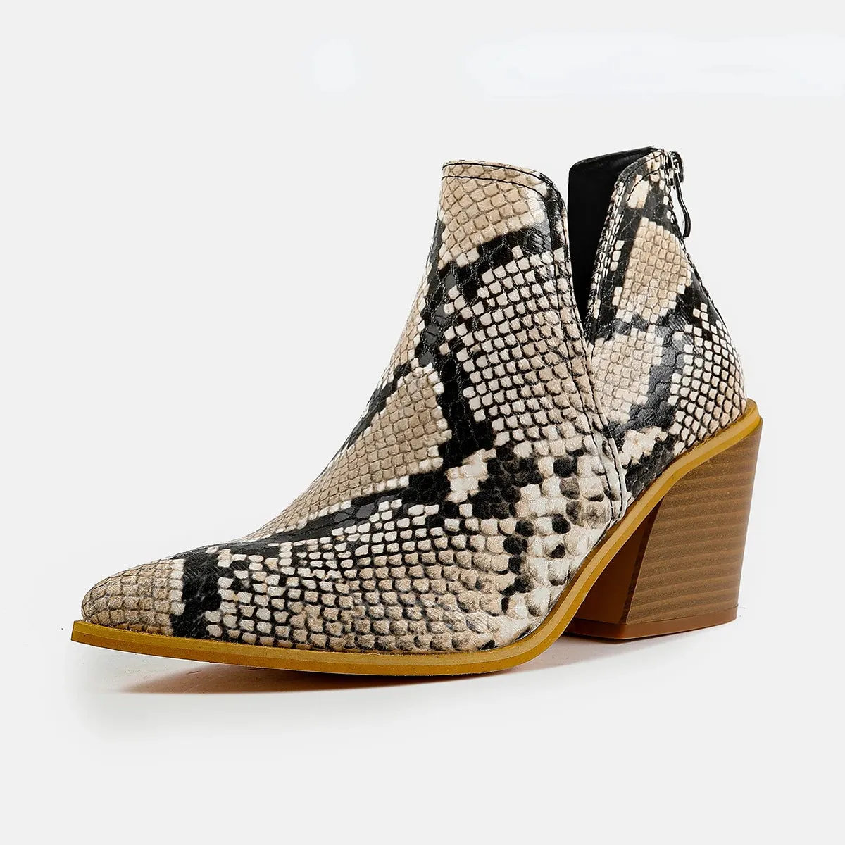 Boots Women Ankle Leopard Mid Heel Shoes Female Slip-On Casual Black Square Heel Booties