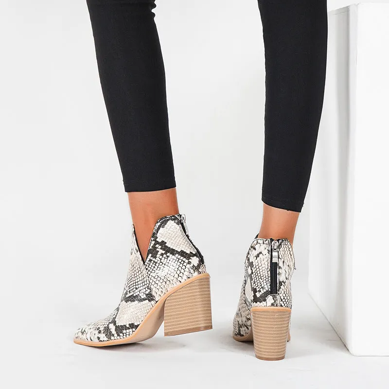 Boots Women Ankle Leopard Mid Heel Shoes Female Slip-On Casual Black Square Heel Booties