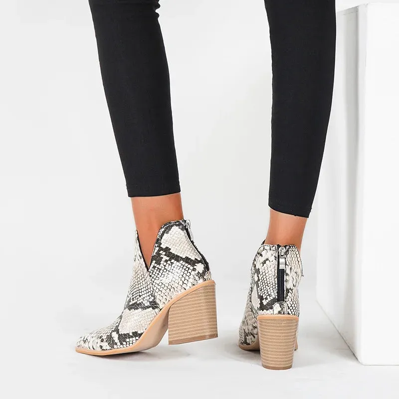 Boots Women Ankle Leopard Mid Heel Shoes Female Slip-On Casual Black Square Heel Booties