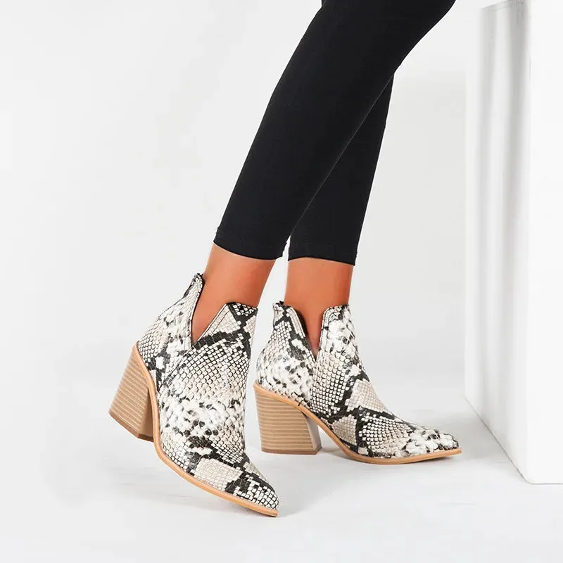 Boots Women Ankle Leopard Mid Heel Shoes Female Slip-On Casual Black Square Heel Booties