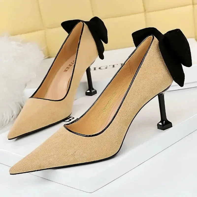 Bowknot Female Heels Suede Women Pumps  New High-heels Fashion Sweet Ladies Shoes Luxury Pumps