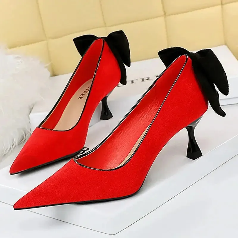Bowknot Female Heels Suede Women Pumps  New High-heels Fashion Sweet Ladies Shoes Luxury Pumps