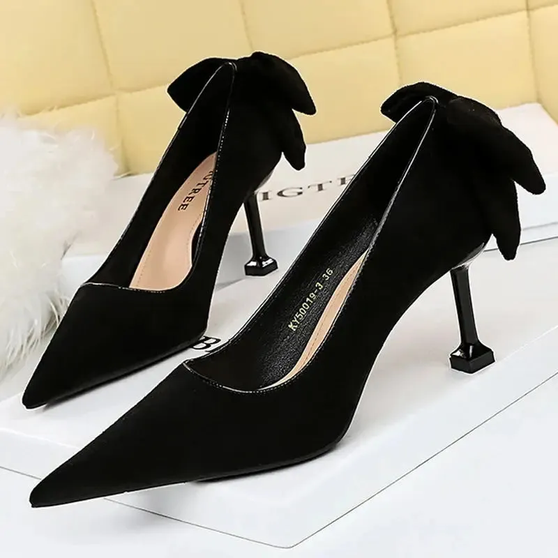 Bowknot Female Heels Suede Women Pumps  New High-heels Fashion Sweet Ladies Shoes Luxury Pumps