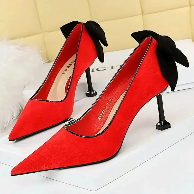 Bowknot Female Heels Suede Women Pumps  New High-heels Fashion Sweet Ladies Shoes Luxury Pumps