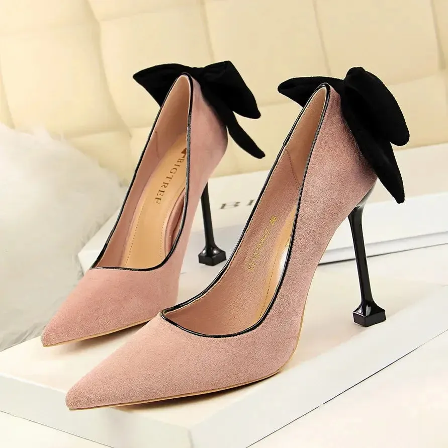 Bowknot Female Heels Suede Women Pumps  New High-heels Fashion Sweet Ladies Shoes Luxury Pumps