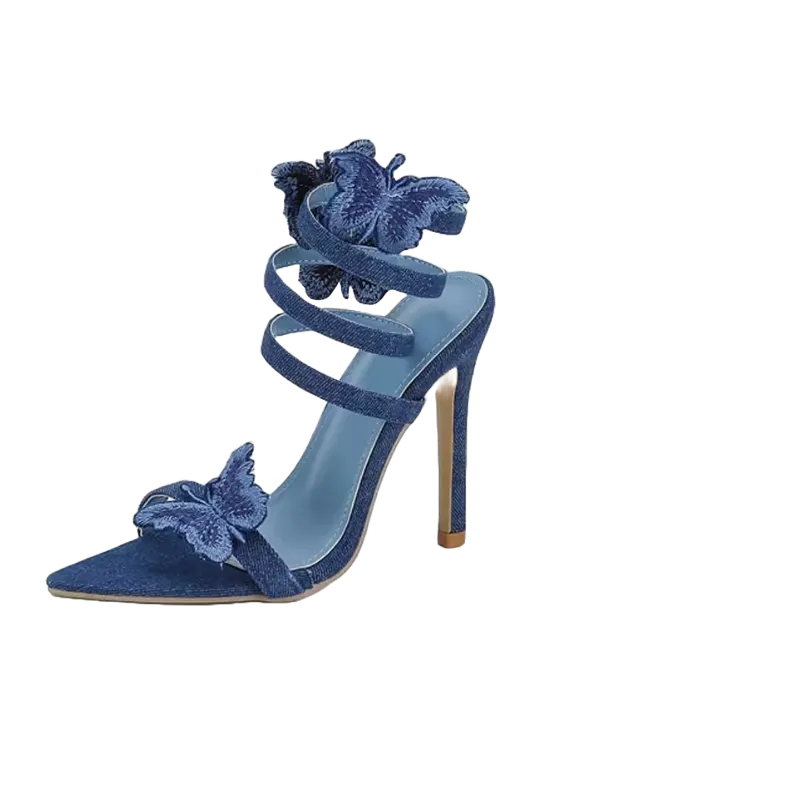 Butterfly Detail Denim Spiral Wrap Around Strappy Stiletto Heel