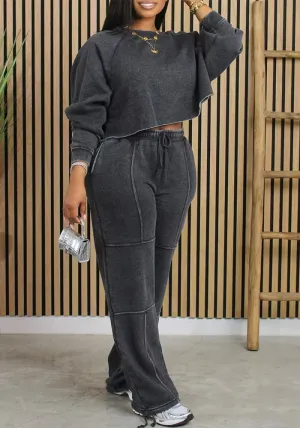 Casual Cozy Long-Sleeve Cropped Sweatshirt and Sweatpants Set
