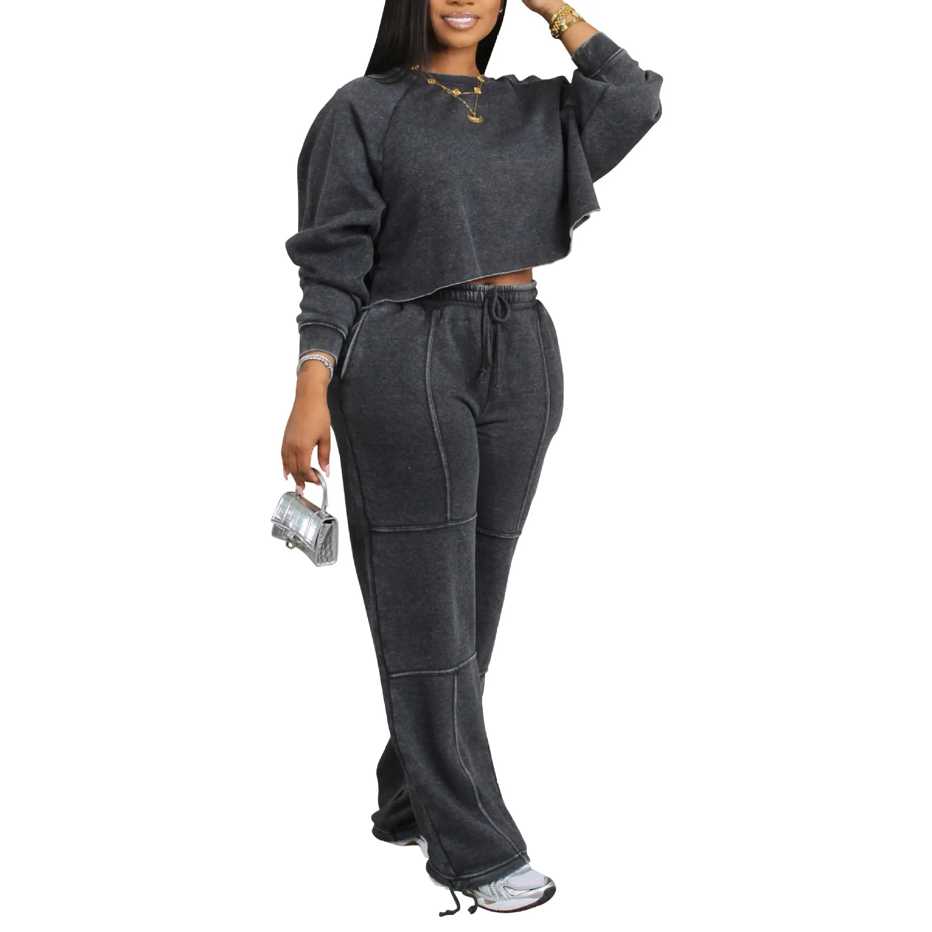 Casual Cozy Long-Sleeve Cropped Sweatshirt and Sweatpants Set
