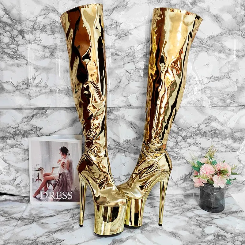 Catwalk Thigh High Boots Women 8Inch Stripper Heels Crossdresser Goth Boots Gold Silver Sexy Exotic Dancer Fetish 20cm Nightclub