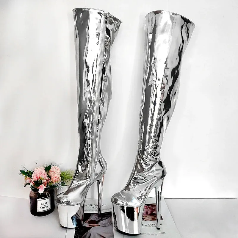 Catwalk Thigh High Boots Women 8Inch Stripper Heels Crossdresser Goth Boots Gold Silver Sexy Exotic Dancer Fetish 20cm Nightclub