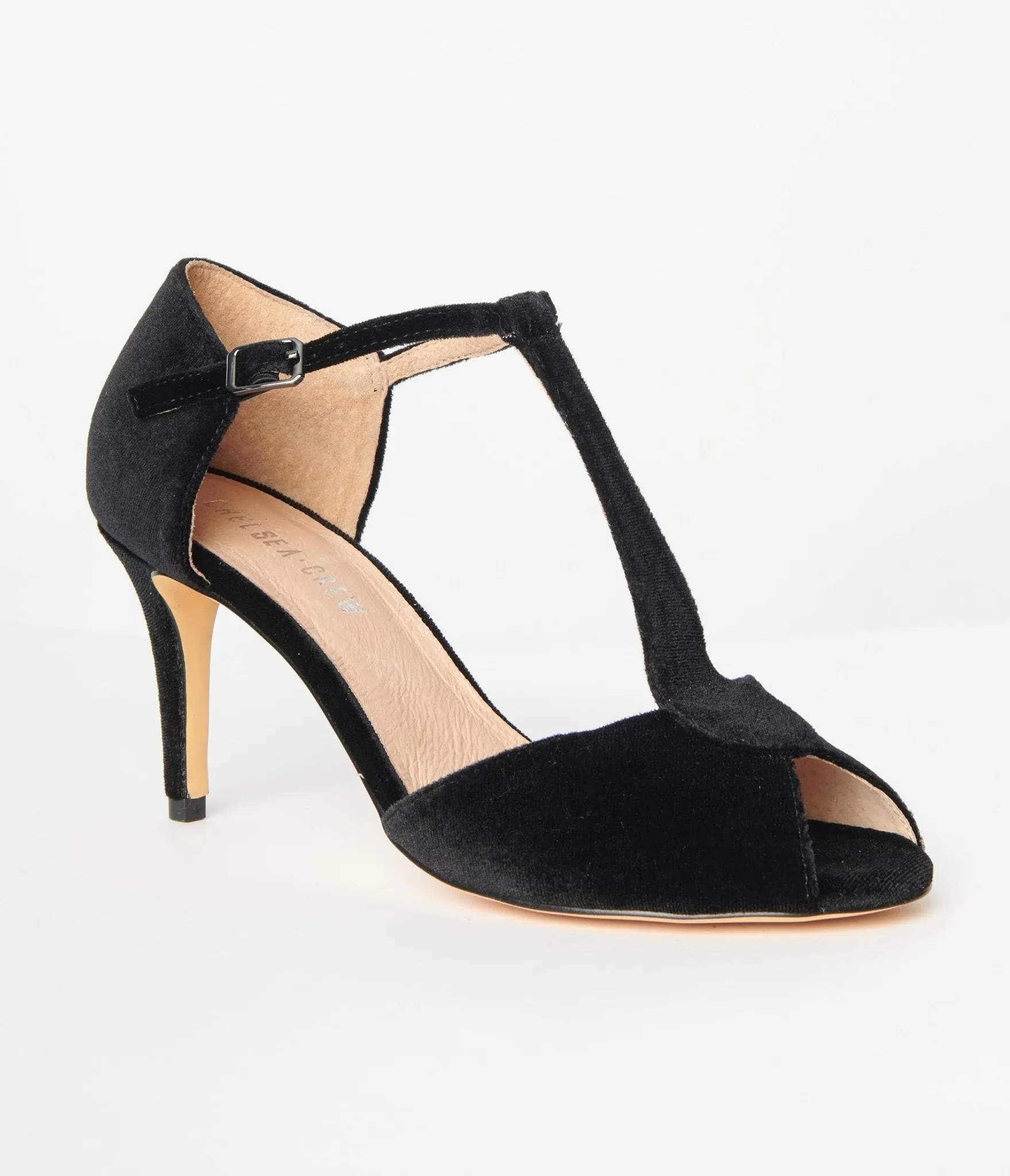 Chelsea Crew 1920s Black Velvet Peep Toe T-Strap Blondie Pump
