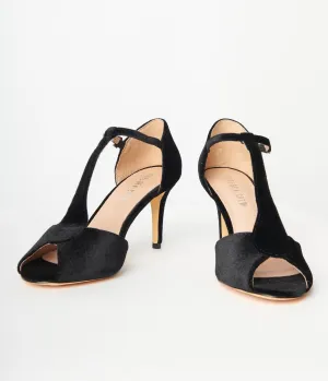 Chelsea Crew 1920s Black Velvet Peep Toe T-Strap Blondie Pump