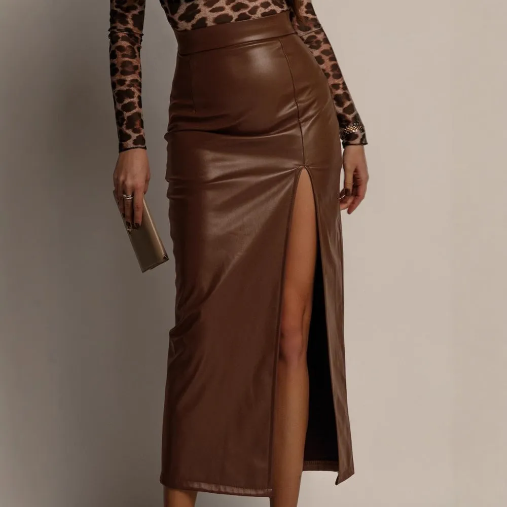 Chic High-Waist Faux Leather Midi Skirt with Front Slit