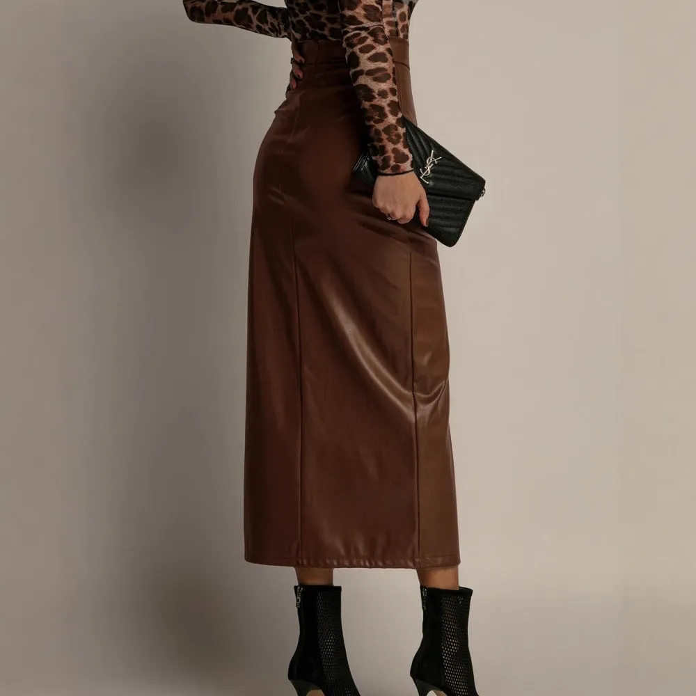 Chic High-Waist Faux Leather Midi Skirt with Front Slit