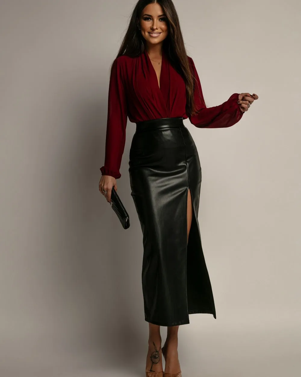 Chic High-Waist Faux Leather Midi Skirt with Front Slit
