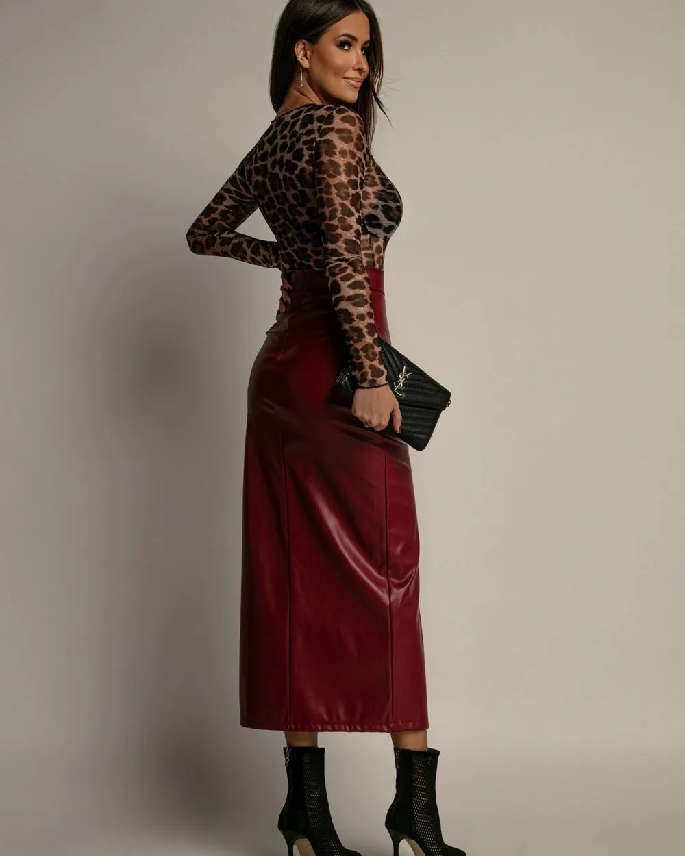 Chic High-Waist Faux Leather Midi Skirt with Front Slit