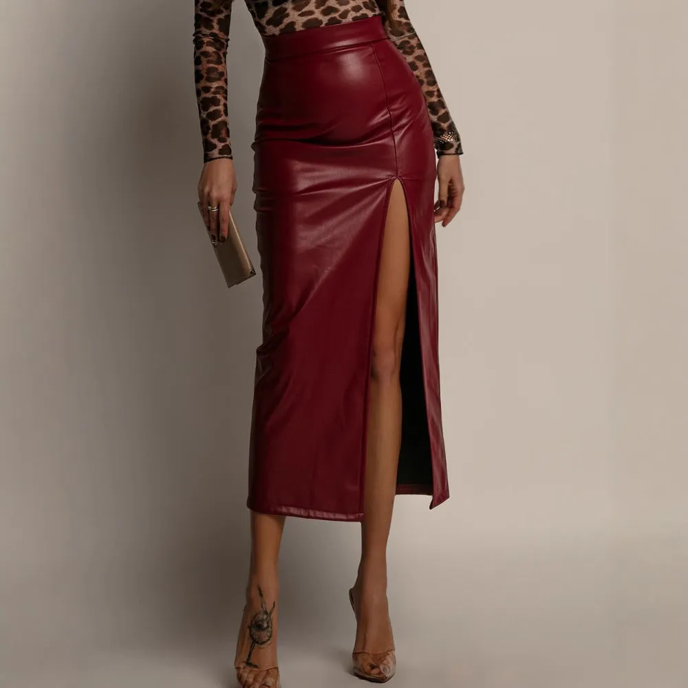 Chic High-Waist Faux Leather Midi Skirt with Front Slit