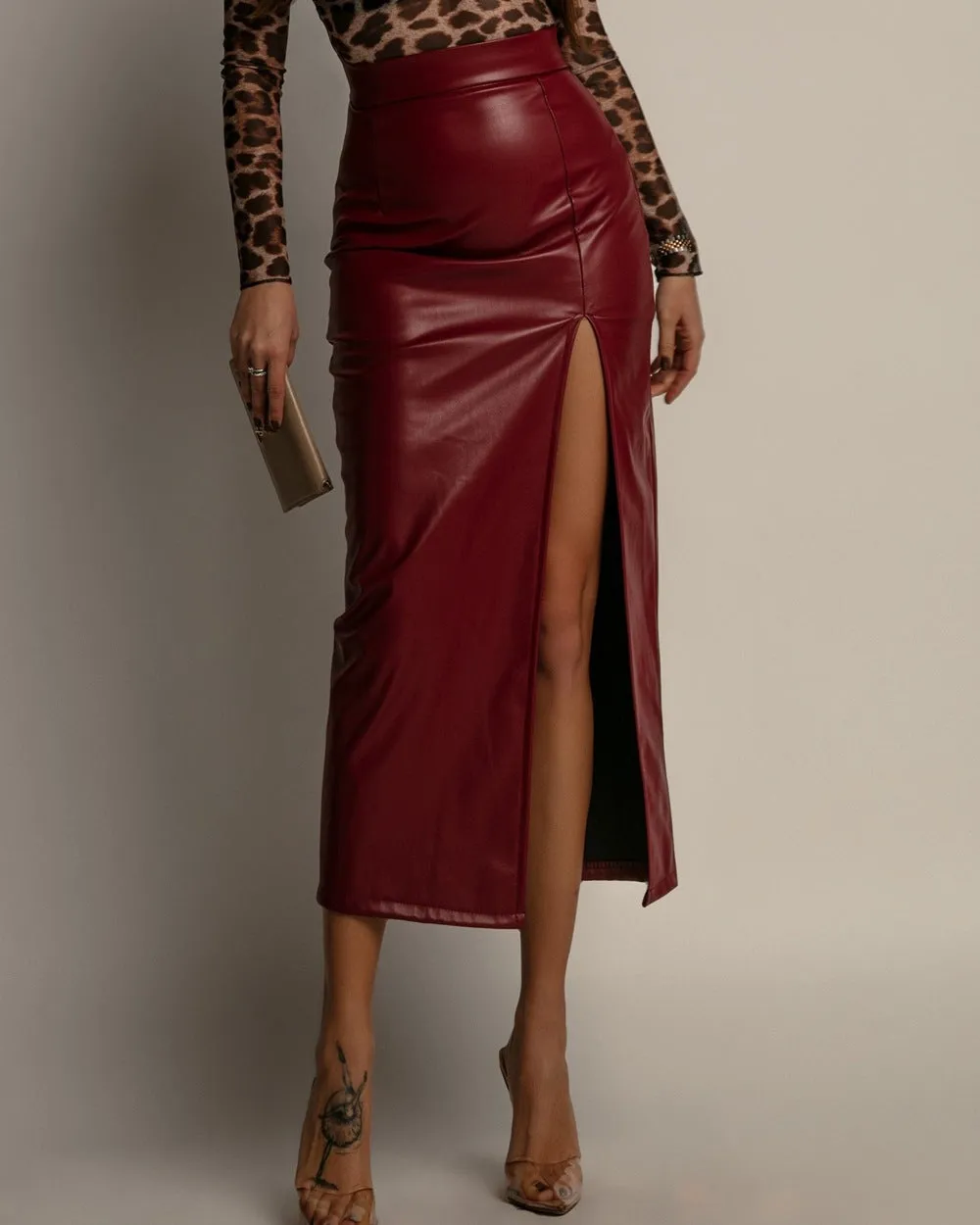 Chic High-Waist Faux Leather Midi Skirt with Front Slit