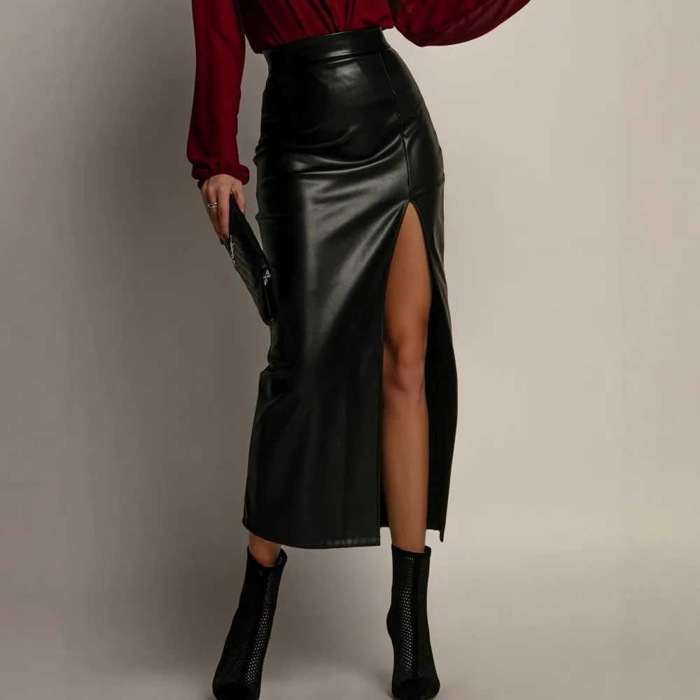 Chic High-Waist Faux Leather Midi Skirt with Front Slit