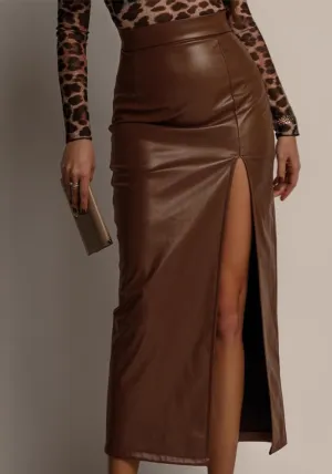 Chic High-Waist Faux Leather Midi Skirt with Front Slit