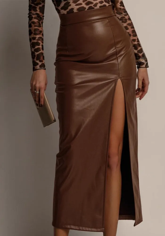 Chic High-Waist Faux Leather Midi Skirt with Front Slit