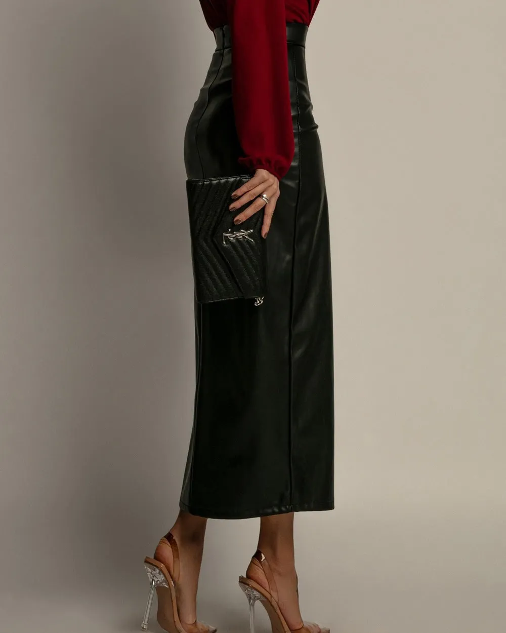 Chic High-Waist Faux Leather Midi Skirt with Front Slit
