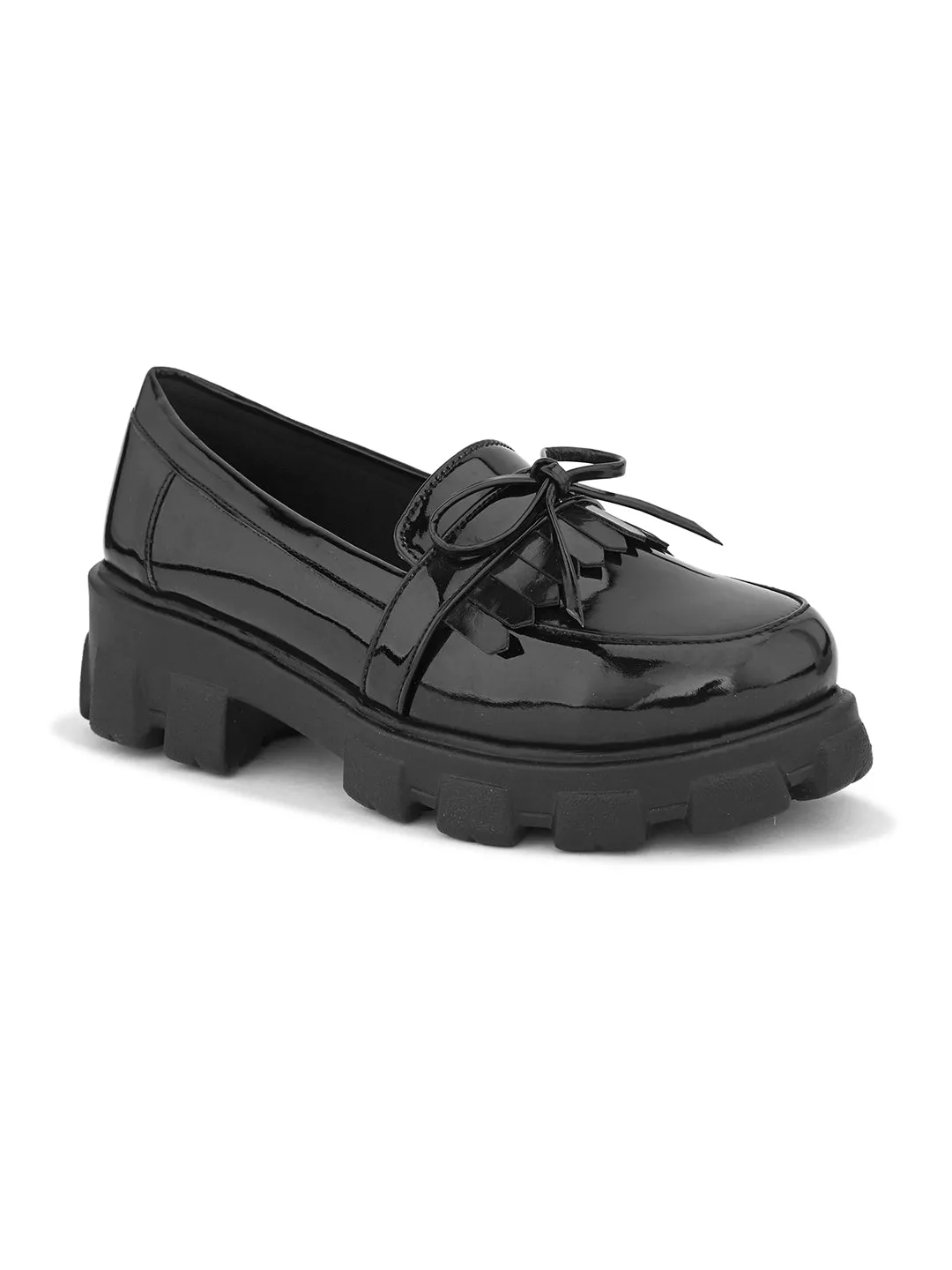 Chunky Black Sole with Bow Detail Design Loafers
