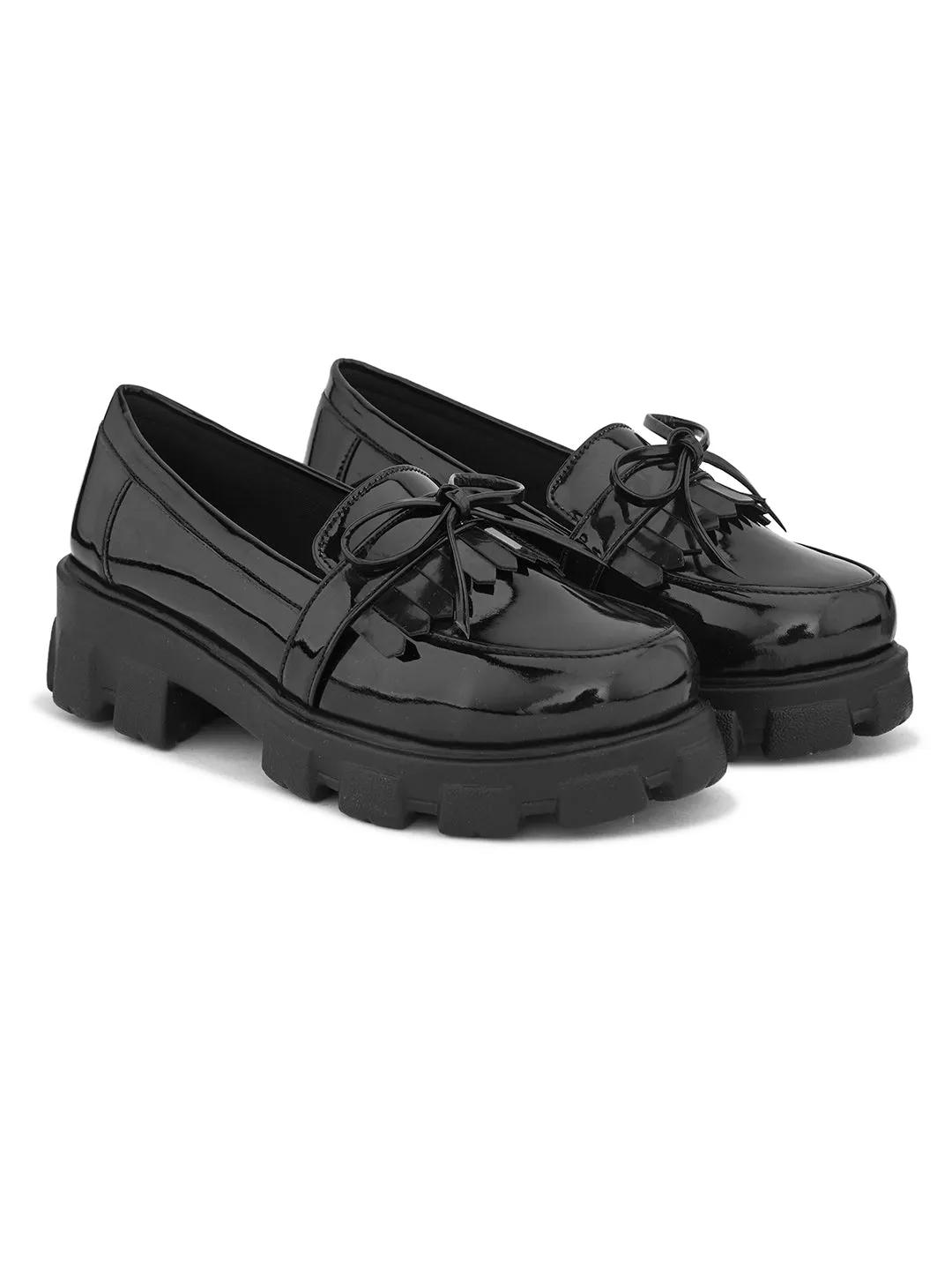 Chunky Black Sole with Bow Detail Design Loafers