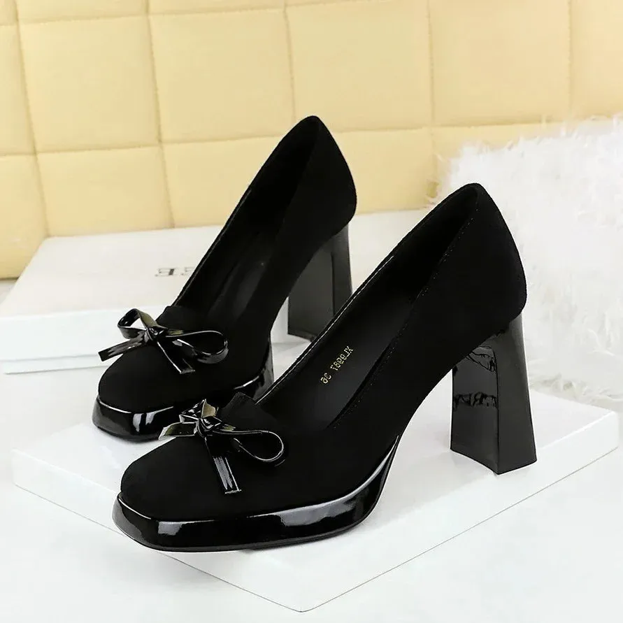 Chunky Block Heels Women Pumps Bow Decoration High Heels Square Headed Platform High Heels Suede Ladies Shoes
