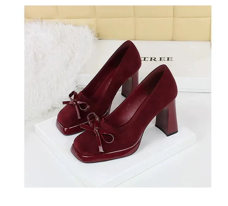 Chunky Block Heels Women Pumps Bow Decoration High Heels Square Headed Platform High Heels Suede Ladies Shoes