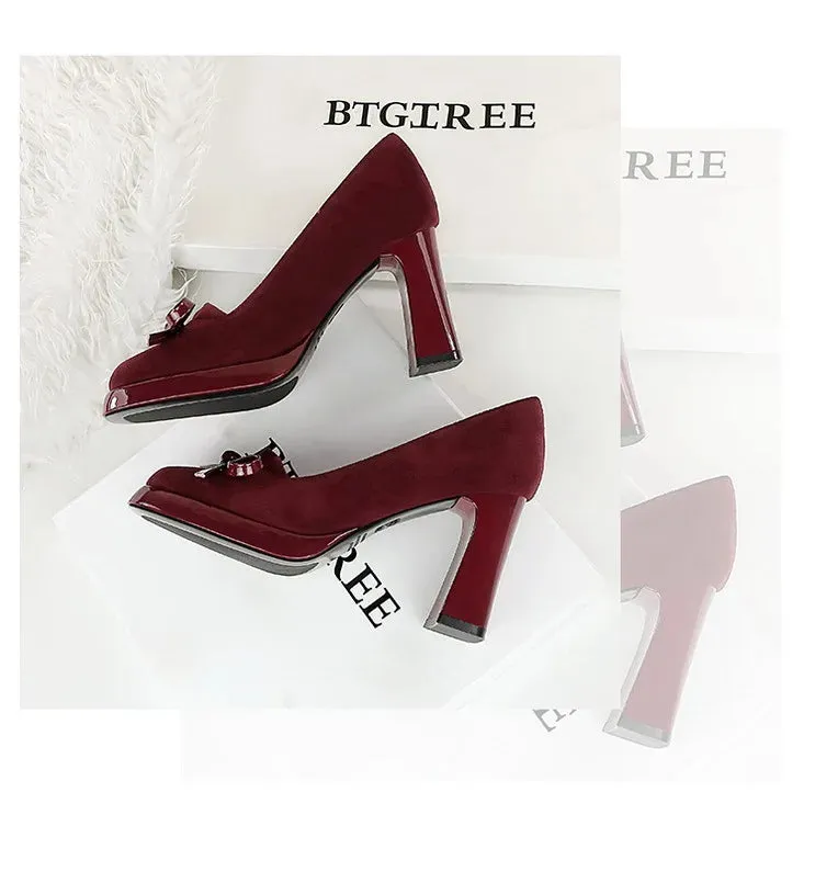 Chunky Block Heels Women Pumps Bow Decoration High Heels Square Headed Platform High Heels Suede Ladies Shoes