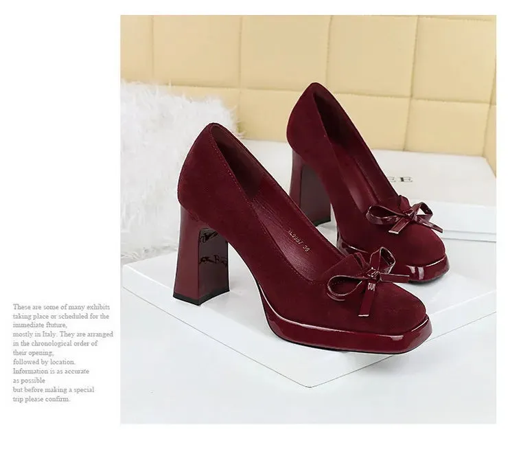 Chunky Block Heels Women Pumps Bow Decoration High Heels Square Headed Platform High Heels Suede Ladies Shoes