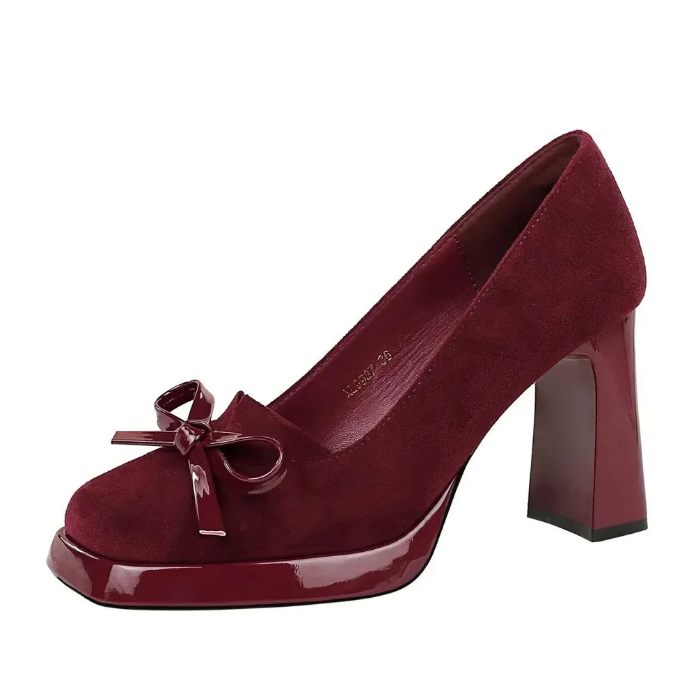 Chunky Block Heels Women Pumps Bow Decoration High Heels Square Headed Platform High Heels Suede Ladies Shoes