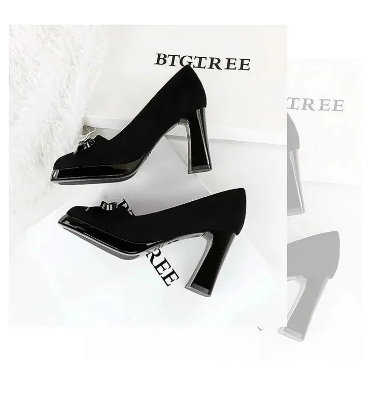 Chunky Block Heels Women Pumps Bow Decoration High Heels Square Headed Platform High Heels Suede Ladies Shoes